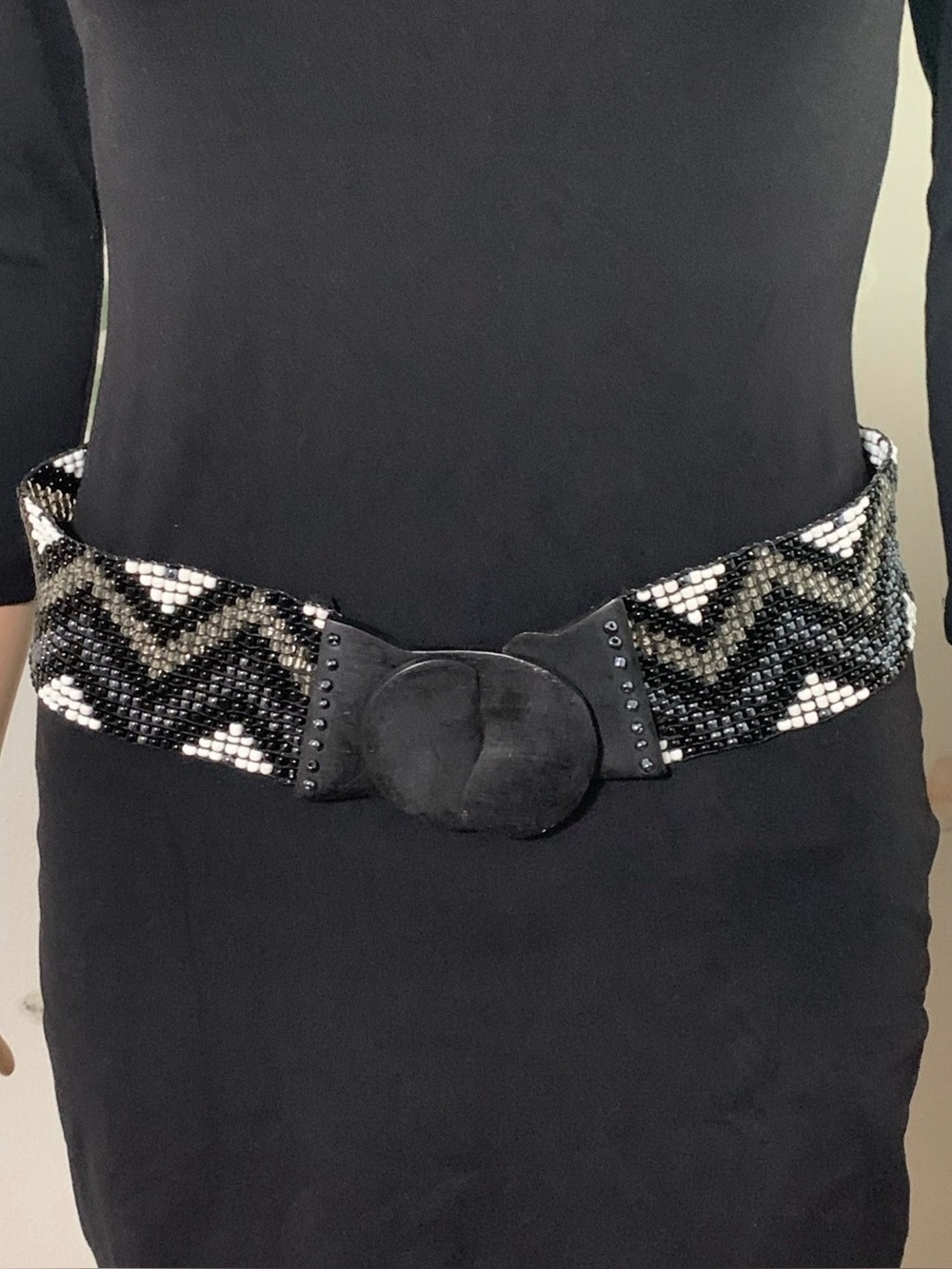 28.5+ inch Beaded Chevron Stretch Belt in Black, Silver, and White